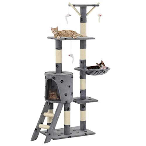 Tiere, Katzenbaum mit Sisal-Kratzstämmen, 138 cm, graue Pfotenabdrücke, Haustierbedarf, Katzenzubehör, Katzenmöbel von AGGEY