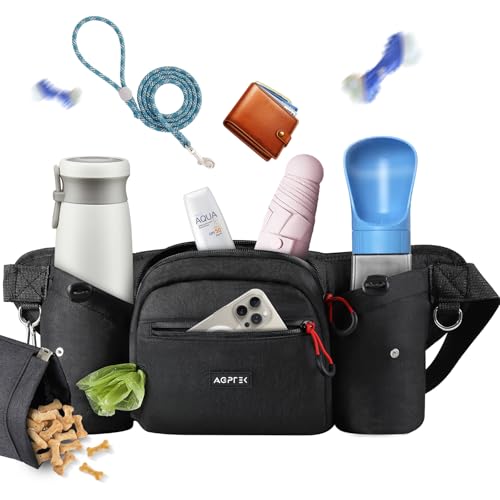 AGPTEK Leckerli-Tasche, große Bauchtasche für Hundespaziergänge mit Abnehmbarer Snacktasche, Wasserhalter, Kotbeutelspender, wasserdichtem Reißverschluss, verstellbarem Gurt, Schwarz von AGPTEK