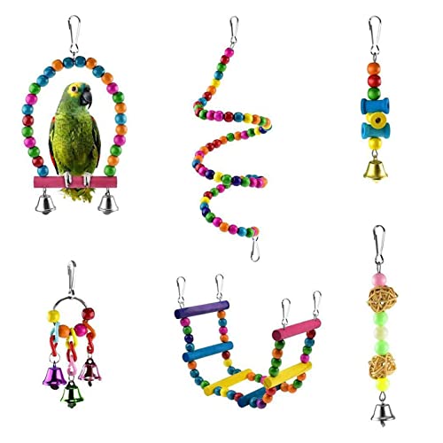 AGSYFFD Parrot Toys 6 Stück Vogel-Wellensittich-Spielzeug, Hängematte, Schaukel, Kletterleiter, hängende Glocke, Holzkauspielzeug, geeignet für Finken, Nymphensittiche, Aras, Liebesvögel von AGSYFFD