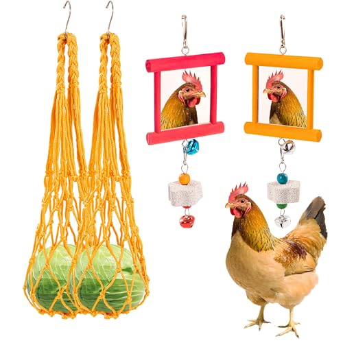 AGX Bravo 6 x Hühnerspielzeug für den Stall, 2 x Hühnerspiegel-Spielzeug, 2 x hängende Gemüse-Futterspender und 2 x Schnabelschleifsteine mit Glocke für Hühner, Vögel, Papageien von AGX Bravo