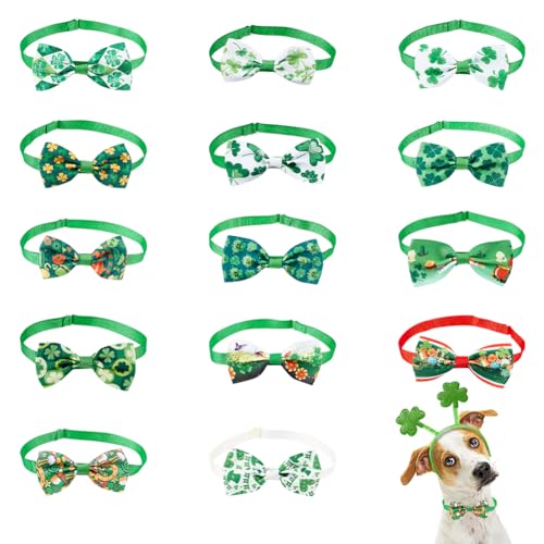 AHANDMAKER 14 STK. St. Patrick's Day Hundehalsbänder Mit Schleife, St. Patrick's Day Hundefliegen, Verstellbare Kleeblatt-Katze-Fliege, Haustier-Krawatte Für St. Patrick's Day, Partygeschenke von AHANDMAKER