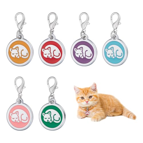 AHANDMAKER 6 Stück Personalisierte Haustier ID Tags 6 Farben Katzenmuster Individuell Graviertes Haustier Tag Für Katzen Katzenmarken Für Halsbänder Runde Namensschilder Für Katzen von AHANDMAKER