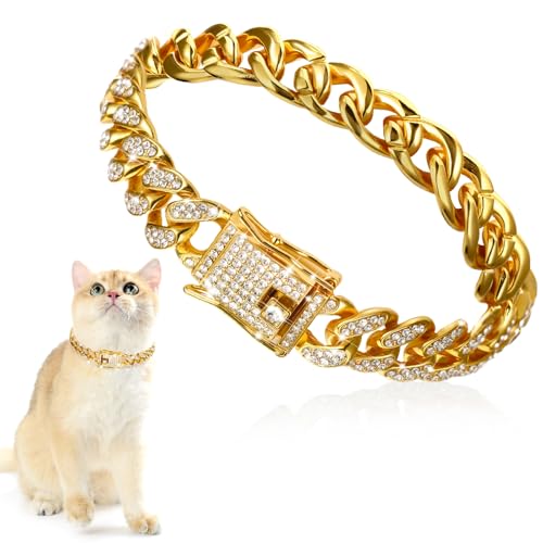 Goldfarbenes Katzen-Hundehalsband, Diamant-kubanische Gliederkette, Metallkette mit sicherer Schnalle, 13 mm breit, Katzen-Halskette, Haustier-Kristall-Halsband, Schmuckzubehör für kleine, mittelgroße Goldfarbenes Katzen-Hundehalsband, Diamant-kubanische Gliederkette, Metallkette mit sicherer Schnalle, 13 mm breit, Katzen-Halskette, Haustier-Kristall-Halsband, Schmuckzubehör für kleine, mittelgroße von AHQiZFX