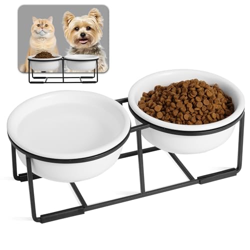Hundenapf Set Erhöht Hundenäpfe Keramik - Futternapf Hund 2er Set mit Rutschfestem Metallständer - Futterstation Hund für Futter und Wasser - Doppelnapf für Welpen und Katzen - 2 x 400 ml - Mattweiß Hundenapf Set Erhöht Hundenäpfe Keramik - Futternapf Hund 2er Set mit Rutschfestem Metallständer - Futterstation Hund für Futter und Wasser - Doppelnapf für Welpen und Katzen - 2 x 400 ml - Mattweiß von AHX