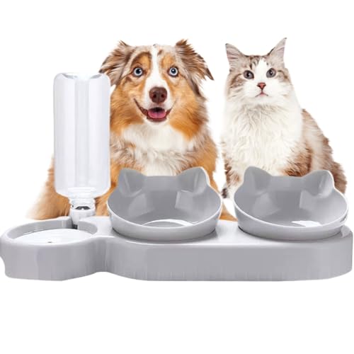 3 In 1 Katzennapf,Katzenfutter Und Wassernapf Set Mit Wasserspender,Katze Futternapf Und Wassernapf Set 15° Geneigte Haustier Erhöhte DREI Schalen Für Indoor-Katzen,Kleine Oder Mittelgroße Hunde(B) von AHYBE