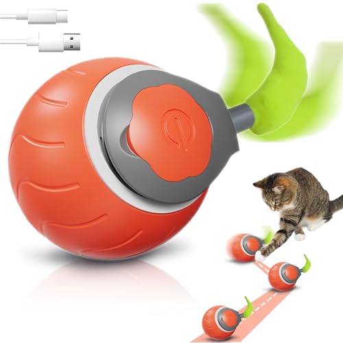AHYDFSR Katzenspielzeug, Interaktives Katzenspielzeug Ball mit USB, 360° Selbstdrehender Elektronischer Katzenball, mit Seil, Bewegliches Spielball für Katzen und Hunde Innenbereich (Orange) von AHYDFSR