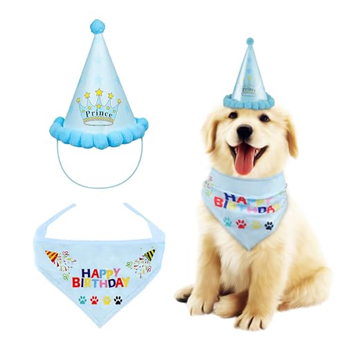 AIBAOBAO Geburtstag Hundhalstuch Set Mit Hut, Bandana Und Partyhut - Baumwolle Dreieckstuch Für Mittelgroße Und Große Hunde - Dekorationen Set von AIBAOBAO