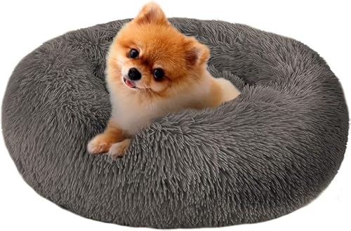 AICSYRM Hundebett Katzenbett flauschig, Donut Hundebett für kleine Hunde, Plüsch Hundekissen rund Hundekorb waschbar, 60cm Durchmesser, Braun von AICSYRM