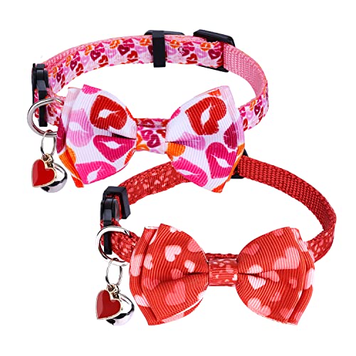 2 Stück Katzenhalsband zum Valentinstag, Rot und Rosa Katzenhalsband Breakaway mit Glöckchen Fliege Liebesherz Verstellbares Katzenhalsband für Kätzchen Welpen von AIEX