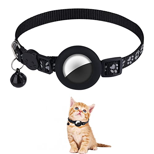 AIEX 1 Stück Airtag Katzenhalsband Stoff Breakaway, Wasserdicht Airtag Halsbänder mit Glöckchen Katzenhalsband Reflektierend mit Sicherheitsverschluss Anti-Verlust für Katzen Hunde (Schwarz) von AIEX