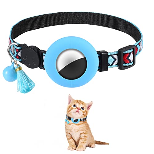 AIEX Airtag Katzenhalsband mit Sicherheitsverschluss Glöckchen Quaste, 1,1cm Breit Wasserdicht Airtag Katzenhalsband Breakaway Anti Lost für Katzen Hunde Welpen mit Airtag Schutzfolie (Blau) von AIEX