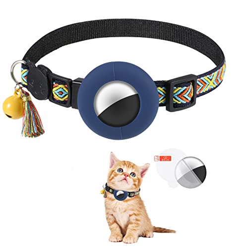 AIEX Airtag Katzenhalsband mit Sicherheitsverschluss Glöckchen Quaste, 1,1cm Breit Wasserdicht Airtag Katzenhalsband Breakaway Anti Lost für Katzen Hunde Welpen mit Airtag Schutzfolie (Dunkelblau) von AIEX