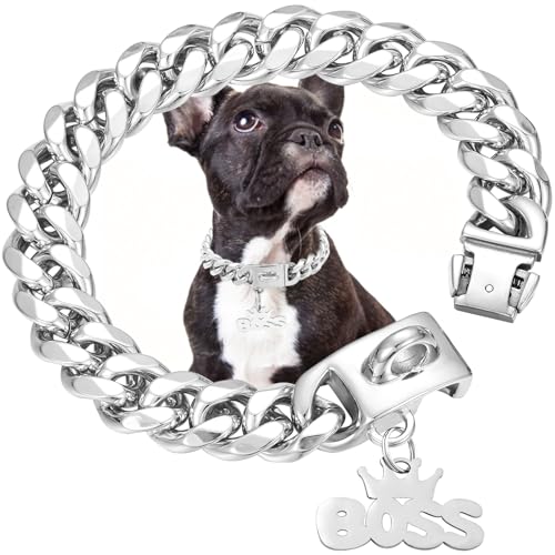 15 mm breites, silberfarbenes Hundehalsband mit Anhänger, 18 Karat vergoldeter Edelstahl, kubanische Gliederketten, stark kaufest, für kleine, mittelgroße Hunde (45,7 cm) von AIGMPETBO