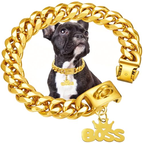 15 mm breites goldfarbenes Hundehalsband mit Anhänger, 18 Karat vergoldeter Edelstahl, kubanische Gliederketten, stark kaufest, für kleine, mittelgroße Hunde (40,6 cm) von AIGMPETBO