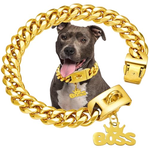 Goldfarbene Hundehalsbandkette mit Anhänger, Edelstahl, Metallkette, 19 mm breit, strapazierfähig, kubanische Glieder, stark, kaufest, für mittelgroße und große Hunde (45,7 cm) von AIGMPETBO