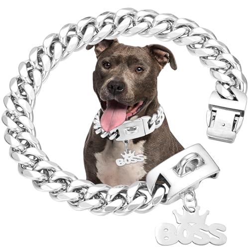Silberfarbenes Hundehalsband mit Anhänger, Edelstahl, Metallketten, 19 mm breit, strapazierfähig, kubanische Glieder, stark, kaufest, für mittelgroße und große Hunde (40,6 cm) von AIGMPETBO