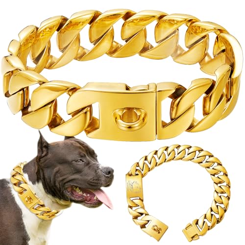 Strapazierfähiges, goldfarbenes Hundehalsband für große Hunde, 3,2 cm breit, starker Edelstahl, kaufest, solide, kubanische Glieder-Hundeketten, Training, Spazierengehen, Halsbänder für Bully, Pitbull von AIGMPETBO