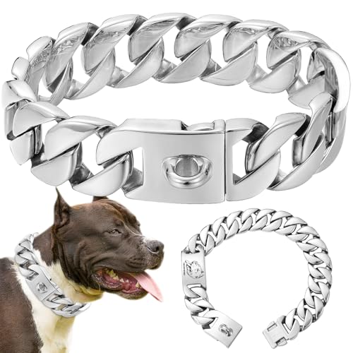 Strapazierfähiges, goldfarbenes Hundehalsband für große Hunde, 32 mm breit, starker Edelstahl, kaufest, solide, kubanische Glieder-Hundeketten, Training, Spazierengehen, Halsbänder für Bully, Pitbull von AIGMPETBO