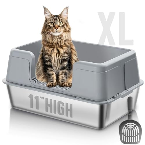AIHOME Geschlossene Edelstahl-Katzentoilette mit Deckel, groß, hohe Seiten, Metall-Katzentoilette mit Streuschaufel für Kätzchen/kleine/mittelgroße Katze, auslaufsicher, einfache Reinigung (Grau) von AIHOME