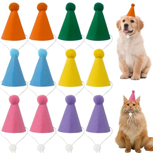 AIHSUMC Mini-Partyhüte für Stofftiere, verstellbare Katzenhüte mit Pompon, Filzkegelhut, mehrfarbig, Puppe, Hund, Kaninchen, verschiedene Tiere, Geburtstagsdekorationen, 12 Stück von AIHSUMC