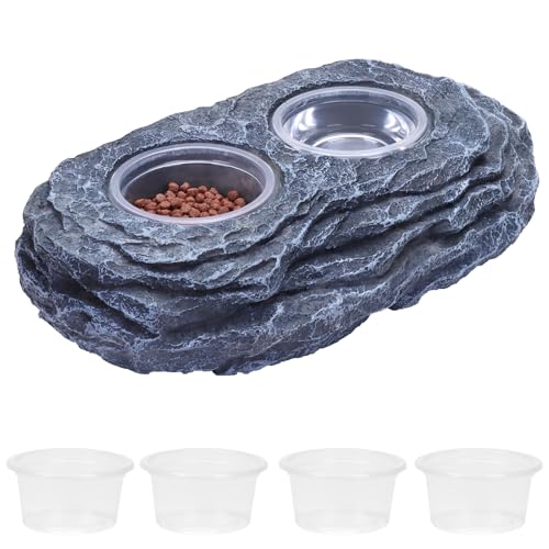 AIICIOO Dual Reptile Magnetic Feeder Ledge Rock Form Gecko Feeding Holder Trinkschale Gecko Terrarium Dekor Wasserschale Eidechse Fütterung Tasse für Chamäleon Schopfgecko Bartagame mit 6 PCS Schale von AIICIOO