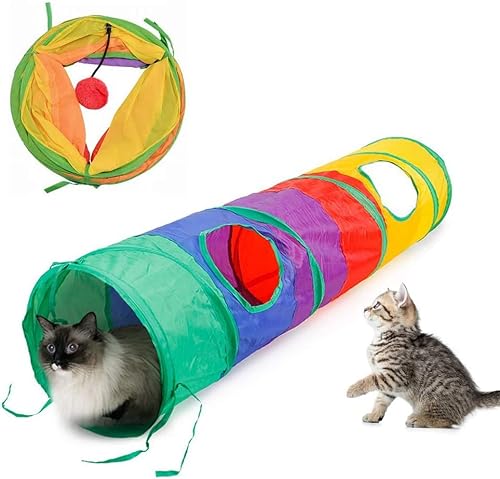 AIMICOCA Faltbarer Regenbogen-Tunnel mit Spielball für Indoor-Katzen, interaktives Katzenrohr-Spielzeug, zusammenklappbarer Pop-Up-Haustierschlauch mit 2 Löchern und Spielball, am besten von AIMICOCA