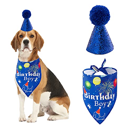 Hund Geburtstag Bandana Hut Set, Hund Geburtstag Party Supplies Hund Bandana Junge Mädchen Welpe Geburtstag Hut Schal für kleine mittlere Hunde Haustier (Blau) von AIMICOCA