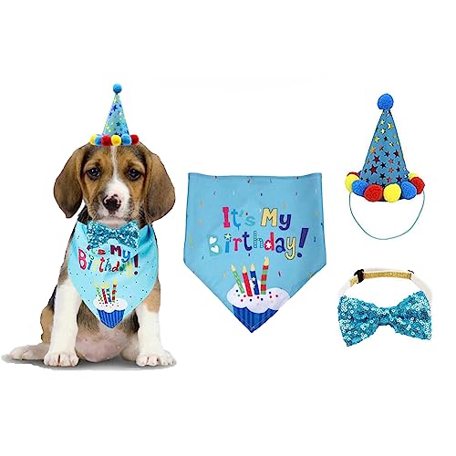 Hund Geburtstag Party Supplies, Hund Bandana Junge Mädchen Welpen Geburtstag Hut Schal Fliege Kragen mit Happy Birthday Banner Flagge für Haustier Hund Welpen Katze (Blau) von AIMICOCA