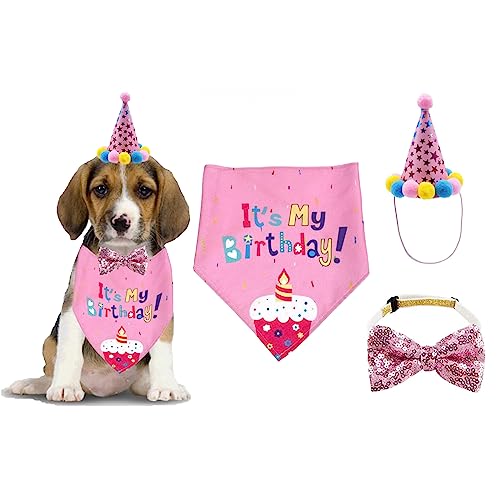 Hund Geburtstag Party Supplies, Hund Bandana Junge Mädchen Welpen Geburtstag Hut Schal Fliege Kragen mit Happy Birthday Banner Flagge für Haustier Hund Welpen Katze (Rose) von AIMICOCA