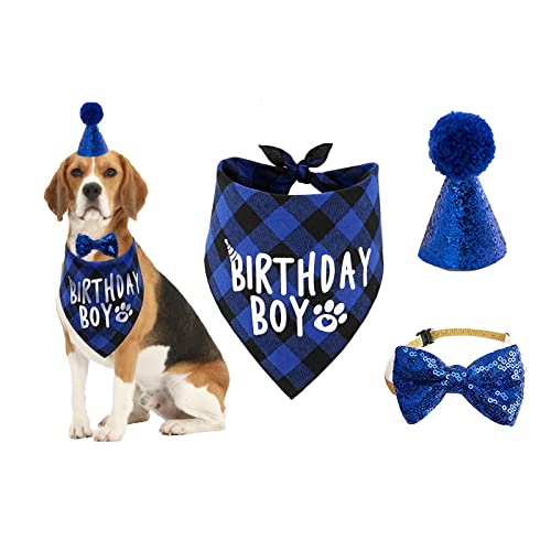 Hunde Geburtstags Halstuch Set, Hunde Geburtstagsparty Zubehör Hunde Bandana Mütze Schals mit niedlichem Hunde Fliegenhalsband für Jungen und Mädchen Welpen (Blue- Birthday Boy) von AIMICOCA