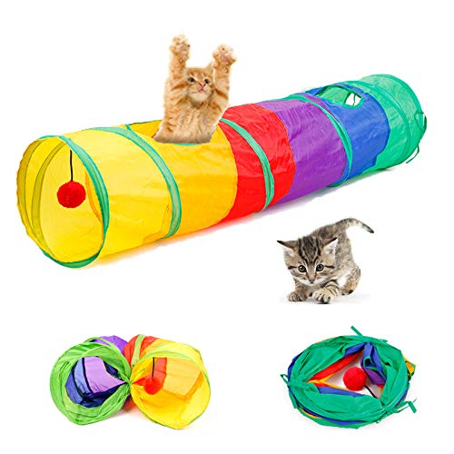 Katzentunnel mit Spielball, Faltbarer Regenbogen Tunnel, Interaktive Peek-a-Boo Cat Tube Spielzeug mit Spaßball und 2 Guckloch (2-Way) von AIMICOCA