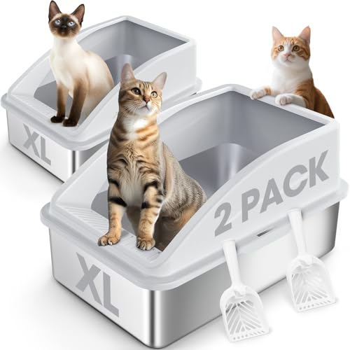 2 Stück Edelstahl-Katzentoiletten | XL geschlossene Katzentoiletten mit Deckel für Großkatzen und Multikatzen | hohe Seite, Anti-Urin-Leckage | Antihaftboden (Silbergrau) von AIPERRO