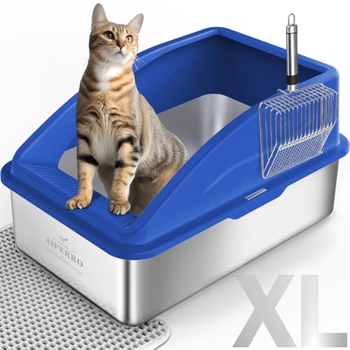 AIPERRO Geschlossene Katzentoilette Edelstahl mit Deckel | XL Extra Große Katzentoilette für Großkatzen | Metall Katzentoilette hochseitig | Anti-Urinleckage, inklusive Katzenmatte und von AIPERRO