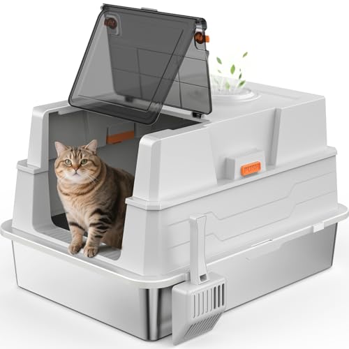 Extra große Katzentoilette aus Edelstahl mit Deckel, XXXL riesige Metallumschlossene Katzentoiletten für große und mehrere Katzen, hohe Seiten, Anti-Urinleckage, nicht klebrig, leicht zu schöpfen von AIPERRO