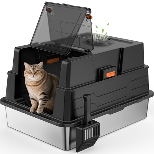 Extra große geschlossene Edelstahl-Katzentoilette mit Deckel – XXXL Riesige Metallumschlossene hohe Seiten Katzentoiletten für Haushalte mit mehreren Katzen und übergewichtigen Katzen – Schwarz von AIPERRO