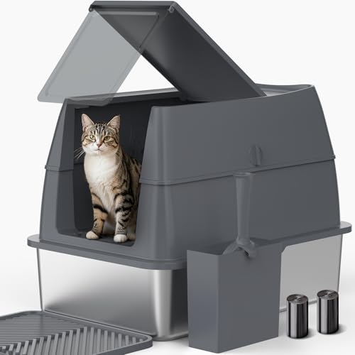 Geschlossene Edelstahl-Katzentoilette mit Deckel, FILP-Top, hochseitiges Gehäuse, Metall-Katzentoiletten mit Schaufel-Set für große Katzen, antihaftbeschichtet, auslaufsicher, einfache Reinigung von AIPERRO