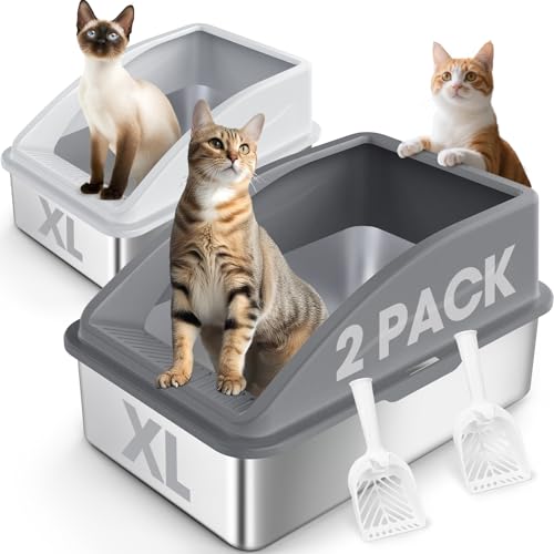Katzentoilette aus Edelstahl, XL geschlossene Katzentoiletten mit Deckel für große Katzen und mehrere Katzen, hohe Seite, Anti-Urinleckage, antihaftbeschichtete Unterseite, mehrfarbig, 2 Stück von AIPERRO