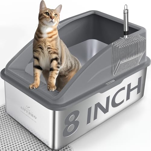 Katzentoilette aus Edelstahl | XL geschlossene Katzentoiletten mit Deckel für große Katzen | hohe Seite, Anti-Urin-Leckage | Antihaftboden & inklusive Katzentoilette & Metallschaufel (Dunkelgrau von AIPERRO