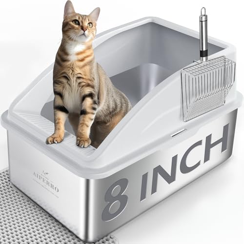 Katzentoilette aus Edelstahl | XXL vertieftes 20,3 cm Design geschlossene Katzentoilette mit Deckel für große Katzen | hohe Seite, Anti-Urin-Leckage | Antihaft-Boden & inklusive Katzentoilette & Katzentoilette aus Edelstahl | XXL vertieftes 20,3 cm Design geschlossene Katzentoilette mit Deckel für große Katzen | hohe Seite, Anti-Urin-Leckage | Antihaft-Boden & inklusive Katzentoilette & von AIPERRO
