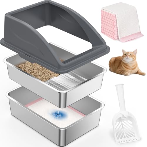 Katzentoilette aus Edelstahl für Kieferpellet-Katzentoilette, nicht klumpendes Katzentoilettensystem, XXL-Sieb-Katzentoilette mit Deckel für Großkatzen, hohe Seite, Anti-Urinleckage von AIPERRO