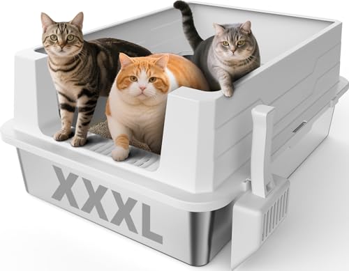 XXXL Katzentoilette aus Edelstahl | Extra große geschlossene Katzentoiletten mit Deckel für Großkatzen & Multikatze | Hochseitig, Anti-Urin-Leckage | Antihaft von AIPERRO