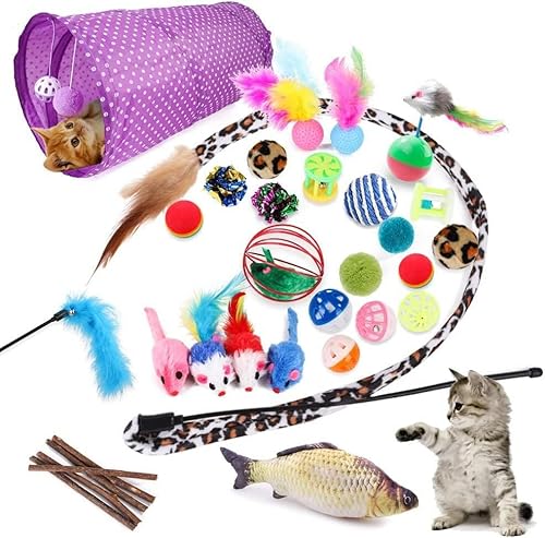 28 Stück Katzenspielzeug Set, Verschiedene Packungen mit Katzenspielzeug, Katzentunnel, Federspielzeug, Bälle, Fisch, Zahnstäbchen, Teaser-Stäbchen, Mäuse, interaktives Katzenzubehör, Lagerung 28 Stück Katzenspielzeug Set, Verschiedene Packungen mit Katzenspielzeug, Katzentunnel, Federspielzeug, Bälle, Fisch, Zahnstäbchen, Teaser-Stäbchen, Mäuse, interaktives Katzenzubehör, Lagerung von AIRFUL