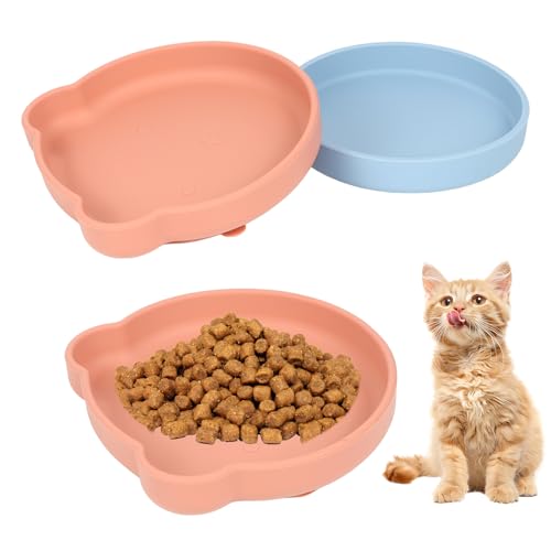 AIVORO 2 Stücke Katzennapf Flach mit Katzenspielzeug, Silikon Katzen Napf, Rosa Katzennäpfe Mit Saugnapf, Futterschüssel Katze für Trockenfutter und Nassfutter, Geeignet für Katzen, Hunde, Kaninchen von AIVORO