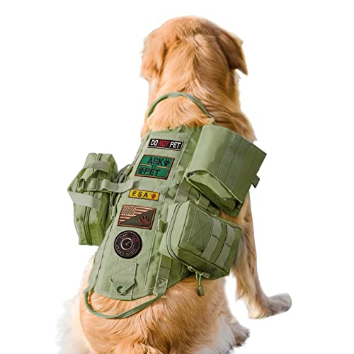 AIWAI Taktisches Hundegeschirr Molle-Weste No-Pull Sicherheitsgeschirr für mittlere und große Hunde verstellbar, Outdoor-Training Militärisches Material Geschirr mit Taschen (L, Armeegrün) von AIWAI