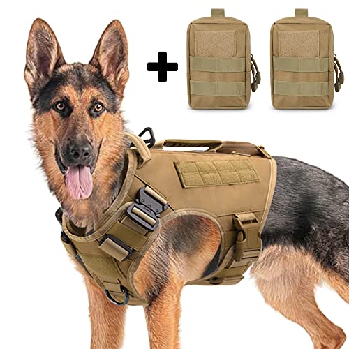 AIWAI Taktisches Hundegeschirr für mittlere und große Rassen, Molle-Panels Metallschnalle, Weste mit Seitentaschen, Taschen für Service-Arbeitstraining Khaki,L, mit 2 Beuteln von AIWAI