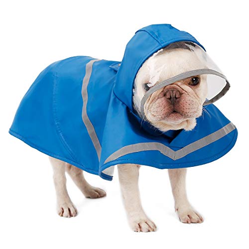 AIWOKE Reflektierender Hunde-Regenmantel mit Kapuze für kleine, mittelgroße und große Hunde, Regenjacke, verstellbar, wasserdicht, mit Loch für Geschirr und Leine, Größe L, Blau von AIWOKE