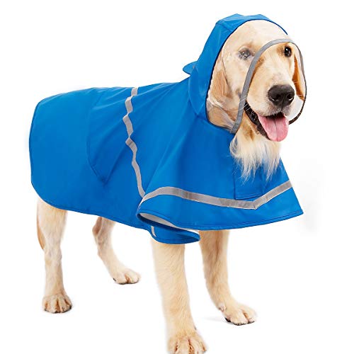 AIWOKE Reflektierender Hunde-Regenmantel mit Kapuze für kleine, mittelgroße und große Hunde, Regenjacke, verstellbar, wasserdicht, mit Loch für Geschirr und Leine, Größe XS, Blau von AIWOKE