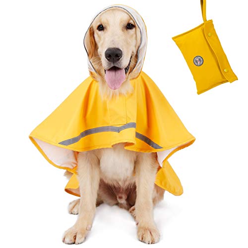 AIWOKE Reflektierender Hunde-Regenmantel mit Kapuze für kleine, mittelgroße und große Hunde, Regenjacke, verstellbar, wasserdicht, mit Loch für Geschirr und Leine (XL, Gelb) von AIWOKE