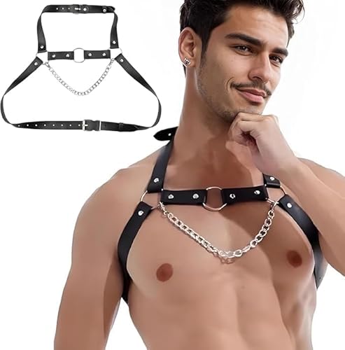 Sexy Brustgeschirr für Herren, Leder-Körpergeschirr mit Kette, verstellbar, sexy Kostüme, Schultergurt für Herren, Punk-Brustgurt Sexy Brustgeschirr für Herren, Leder-Körpergeschirr mit Kette, verstellbar, sexy Kostüme, Schultergurt für Herren, Punk-Brustgurt von AIYINIY