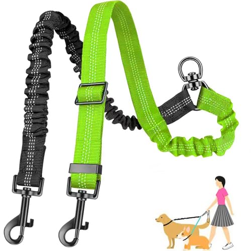 AKEISHE Doppelte Hundeleine für zwei Hunde – 2-in-1 verbesserte Doppelleine für zwei Hunde mit verstellbarem Gurt und stoßdämpfendem Bungee, kein Verheddern, doppelter Trainings-Splitter (grün) von AKEISHE